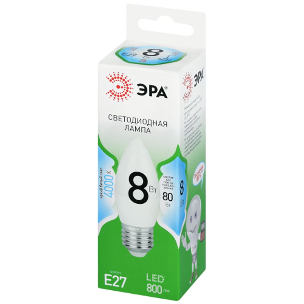 Лампа светодиодная ЭРА GREEN LINE LED B35-8W-840-E27 GL 8Вт свеча яркий белый свет E27 | Лампы cветодиодные Свеча (B/C)
