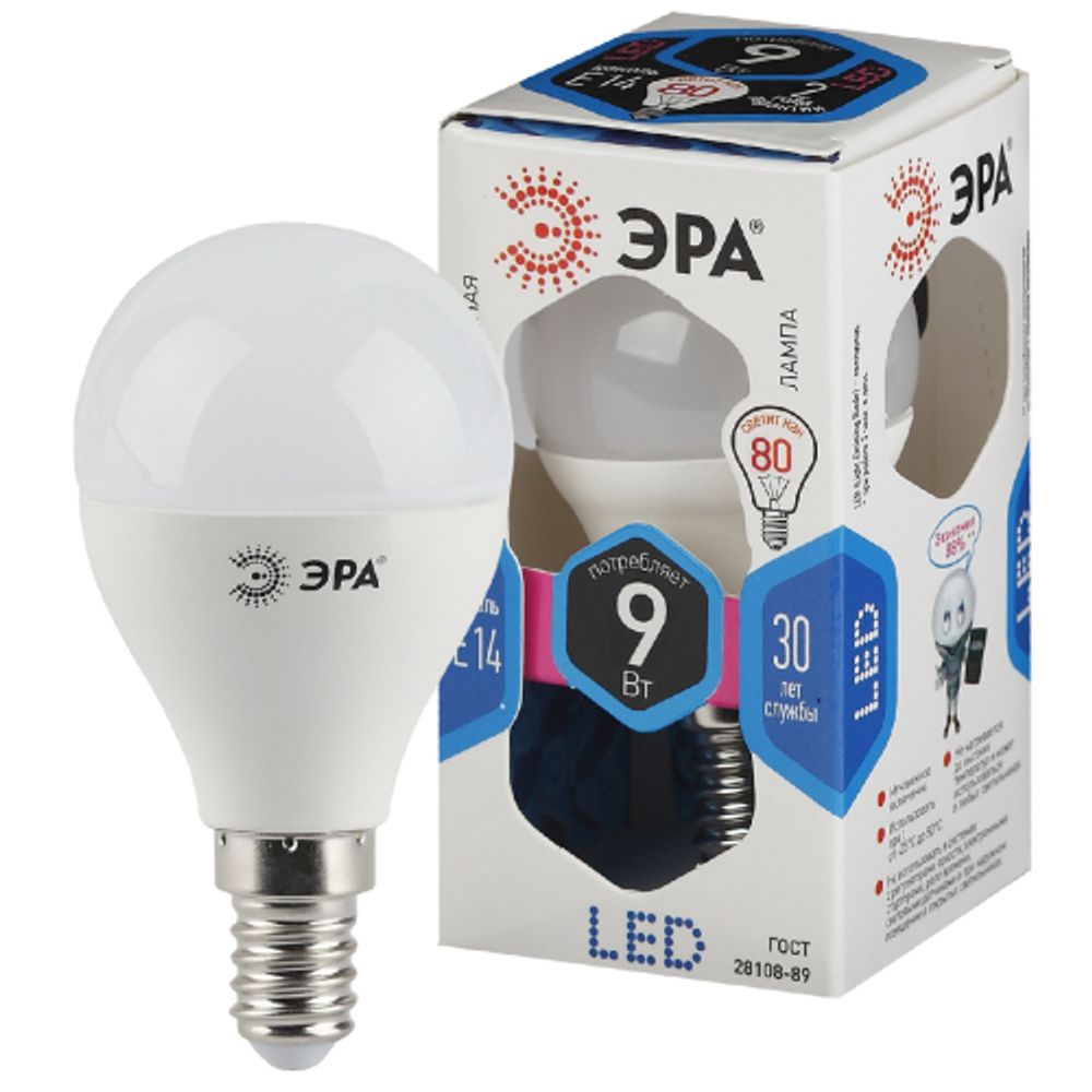 Лампа светодиодная ЭРА STD LED P45-9W-840-E14 9Вт шар нейтральный белый свет Е14 | Лампы cветодиодные Шар (G/P)