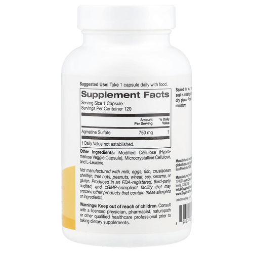 California Gold Nutrition, сульфат агматина, 750 мг, 120 растительных капсул