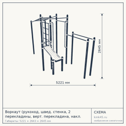 Воркаут (рукоход, швед. стенка, 2 перекладины, верт. перекладина, накл. скамья, брусья) 5221х2643х2645 мм — от 167 000 ₽