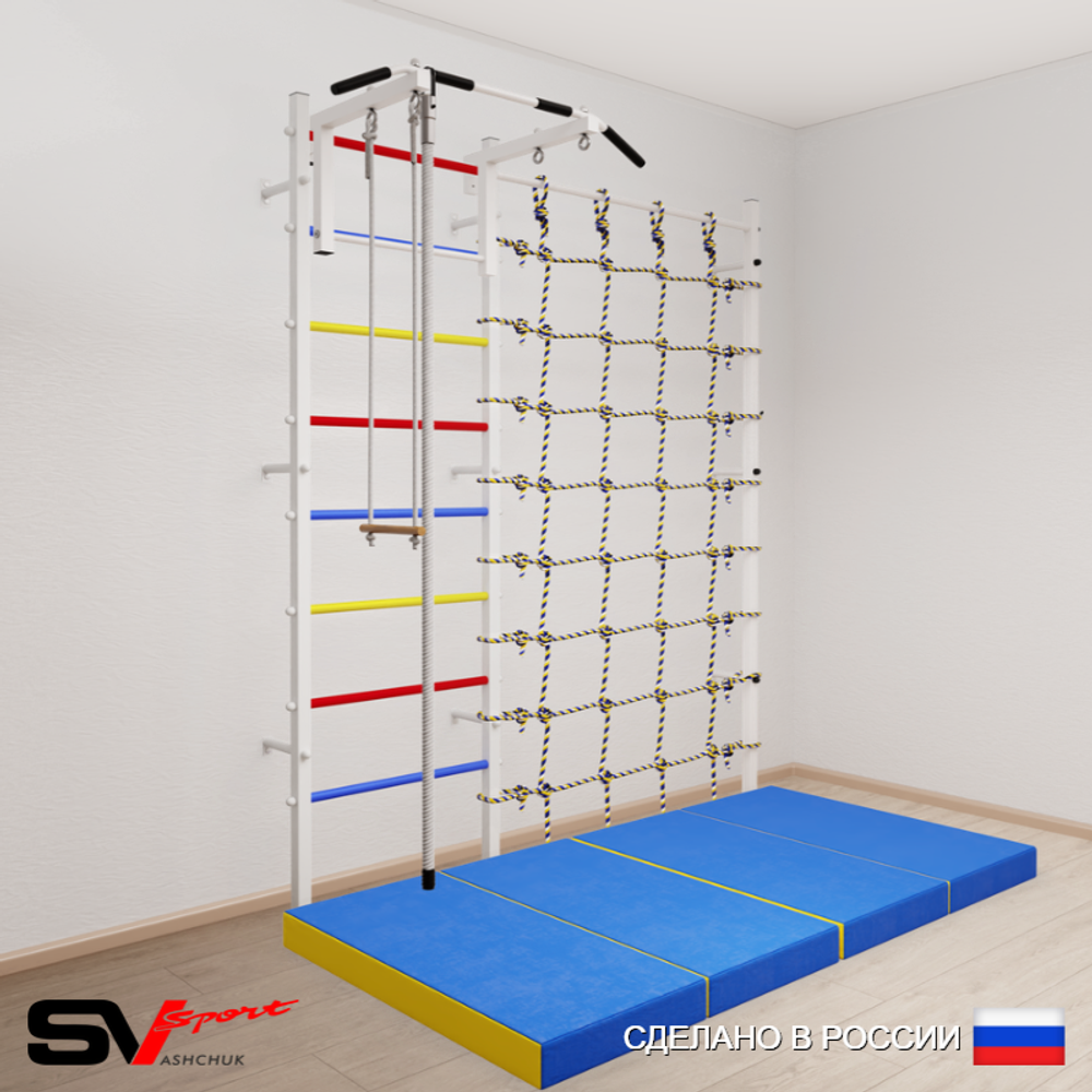 Шведская стенка Sv Sport усиленная 61540 (Турник стандарт/Канат/Трапеция/Мат 2м/Канатный лаз)