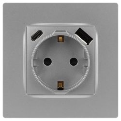 Розетка ЭРА Серия 12 12-4108-03 2P+E 16A-250В со шторками с USB type-A+C 5В-3А алюминий | Эра 12