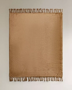 ZARA HOME ПЛЕД ИЗ ФЛИСА С БАХРОМОЙ, КОРИЧНЕВЫЙ