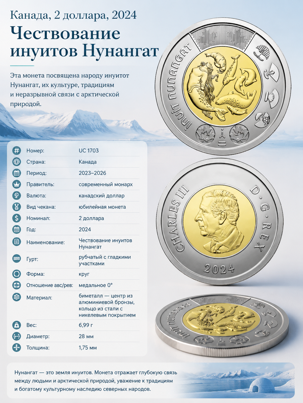 Канада 2 доллара, 2024 Чествование инуитов Нунангат UNC