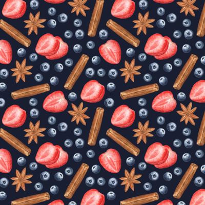 Ягоды и специи на синем. Berries and spices on blue