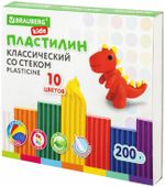 Пластилин классический BRAUBERG "АКАДЕМИЯ", 10 цветов, 200 г, со стеком, картонная упаковка, 103255