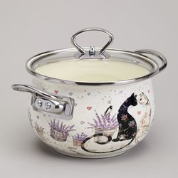 КАСТРЮЛЯ AGNESS ЭМАЛИРОВАННАЯ СО СТЕКЛЯННОЙ КРЫШКОЙ СЕРИЯ "LAVENDER CATS", 2,0 Л ДИА. 18СМ