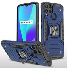 Противоударный чехол для Realme C15 синий с пластиной для магнитного автодержателя и кольцом подставкой, чехол на Реалми С15 Противоударный чехол для Realme C15 синий с пластиной для магнитного автодержателя и кольцом подставкой, чехол на Реалми С15