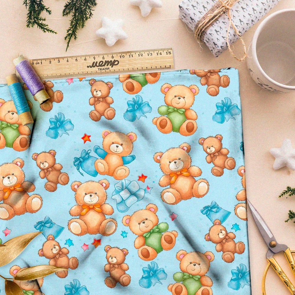 Ткань премиум шифон медведи с подарками на голубом
