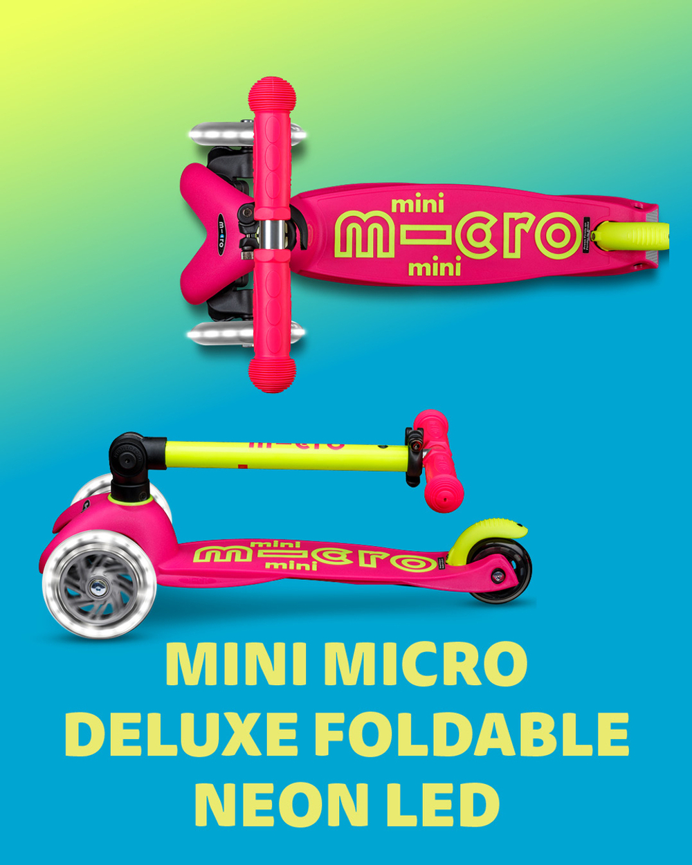 Самокат Mini Micro Deluxe складной LED, неоновый розовый/желтый