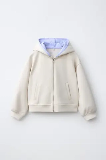 ZARA СПОРТИВНАЯ КУРТКА С КАПЮШОНОМ И ПОЛОСКАМИ, ЭКРЮ