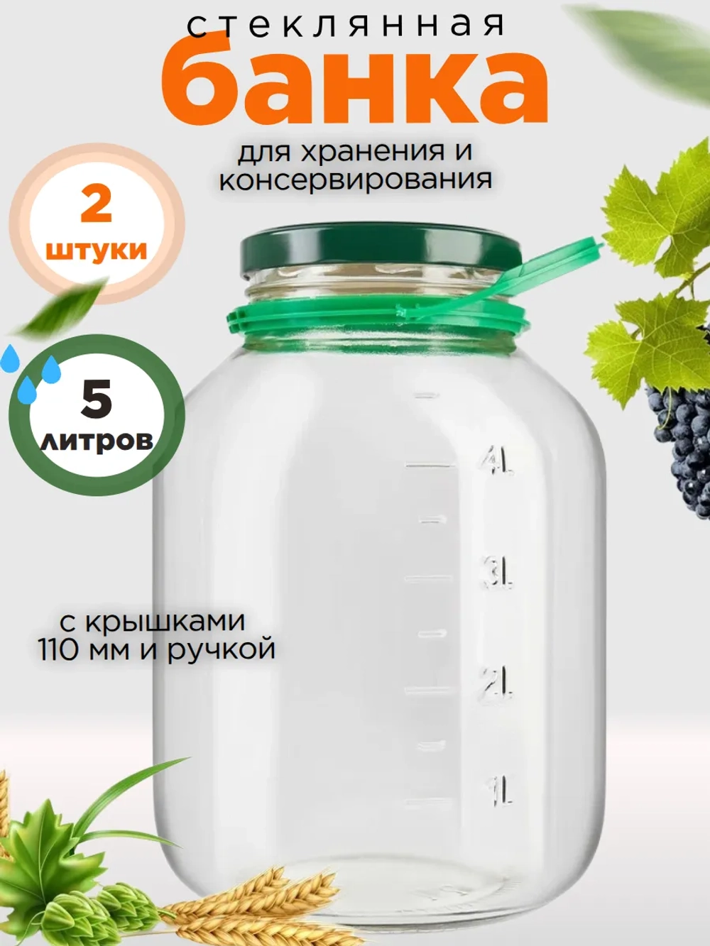 Банка стеклянная 5 литров, 2 штуки, 100мм