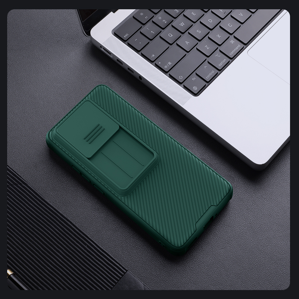 Чехол зеленого цвета (Dark Green) с сдвижной шторкой для камеры от Nillkin для Xiaomi 14T Pro, серия CamShield Pro Case