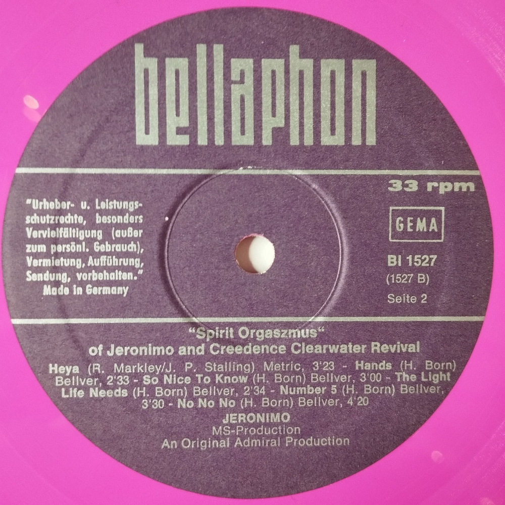 Винтажная виниловая пластинка LP Jeronimo And Creedence Clearwater Revival Spirit Orgaszmus (Germany 1970) (Pink Vinyl)