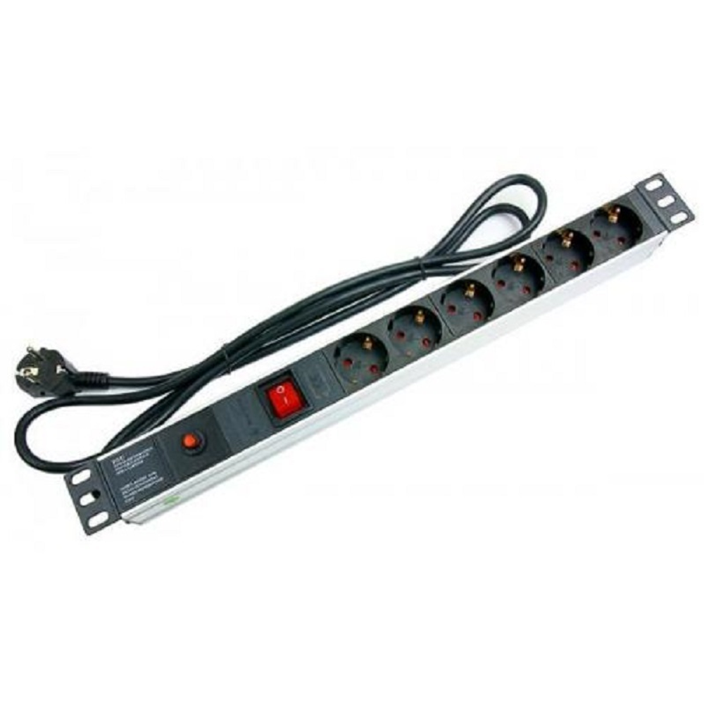 ITK Блок розеток в шкаф 19", 1U, 6 гнезд, шнур 2м, с LED выключателем