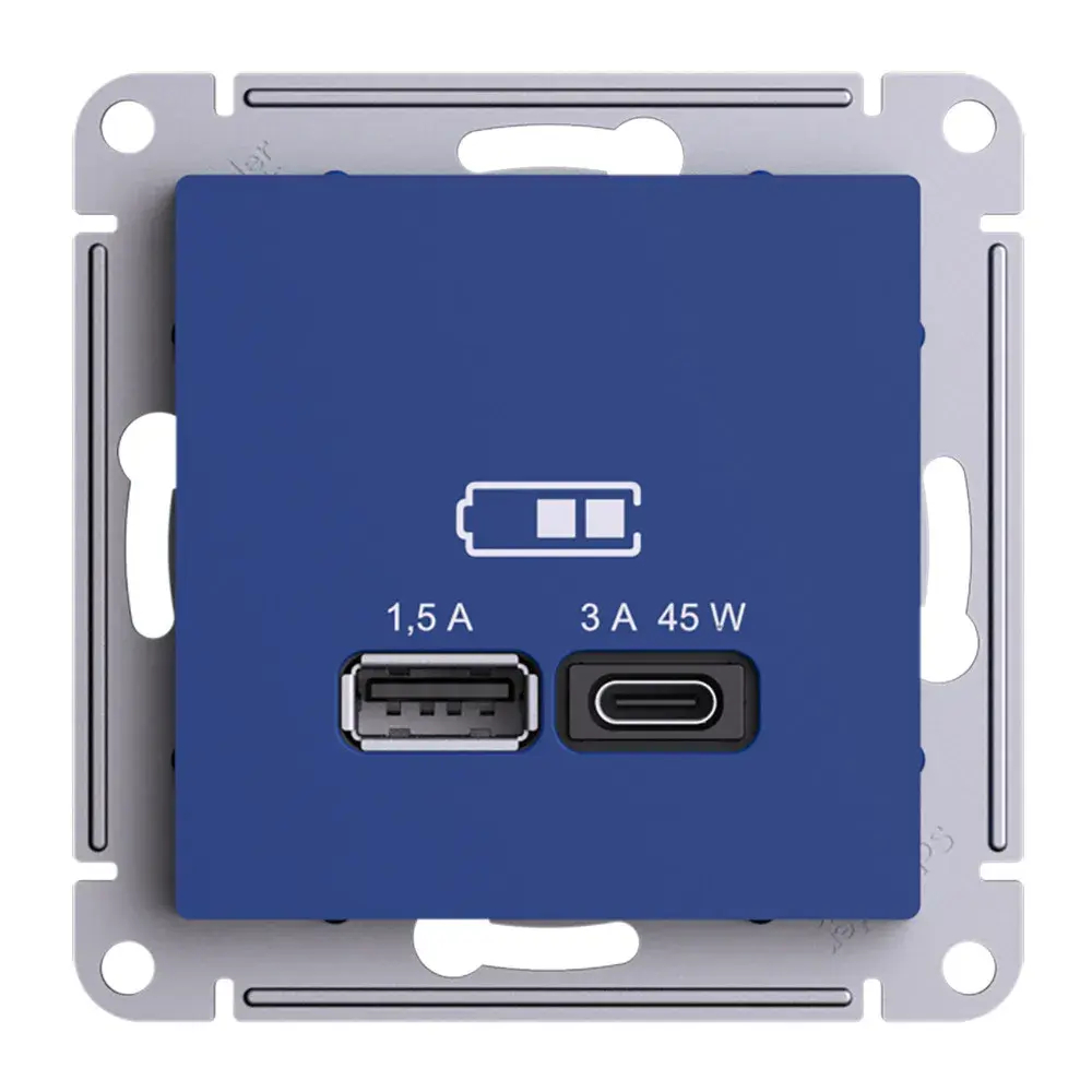 ATLASDESIGN USB РОЗЕТКА A + тип-C 45Вт высокоскор.заряд. QC, PD, механизм, АКВАМАРИН