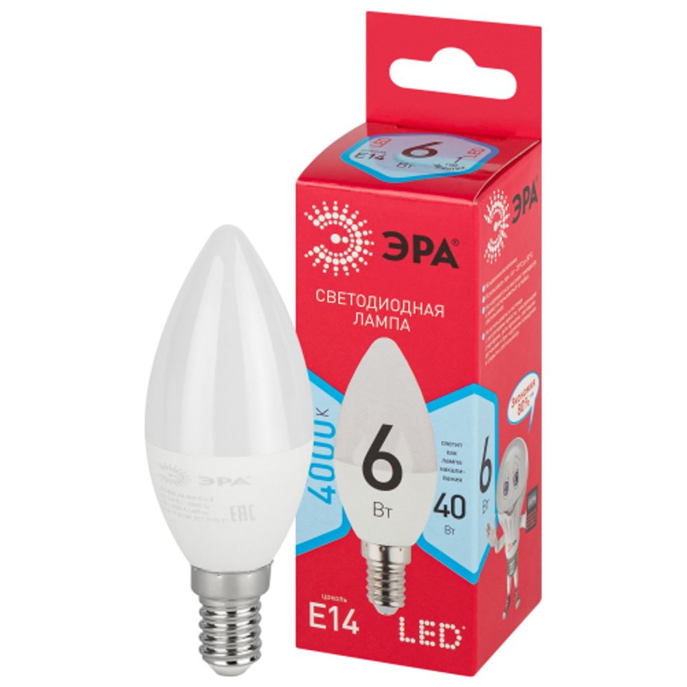 Лампа светодиодная ЭРА RED LINE LED B35-6W-840-E14 R 6Вт свеча нейтральный белый свет Е14 | Лампы cветодиодные Свеча (B/C)