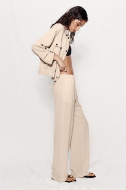 ZARA БРЮКИ ИЗ СТРУЯЩЕЙСЯ ТКАНИ С ЭЛАСТИЧНЫМ ПОЯСОМ, БЕЖЕВЫЙ