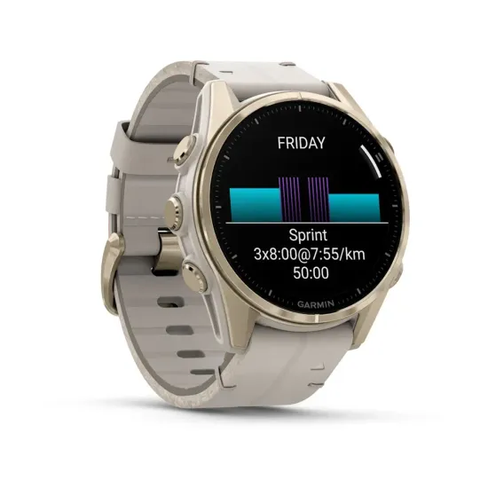 Мультиспортивные GPS часы Garmin Fenix 8S (43 mm) AMOLED, Sapphire Soft Gold Stainless Steel with Fog Gray Leather Band 010-02903-40
