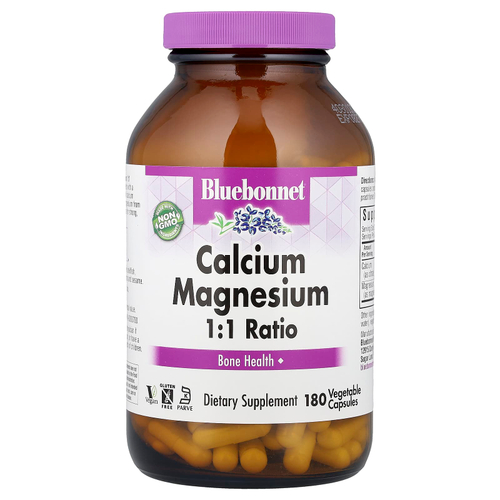 Bluebonnet Nutrition, Кальций и магний в соотношении 1: 1, 180 растительных капсул