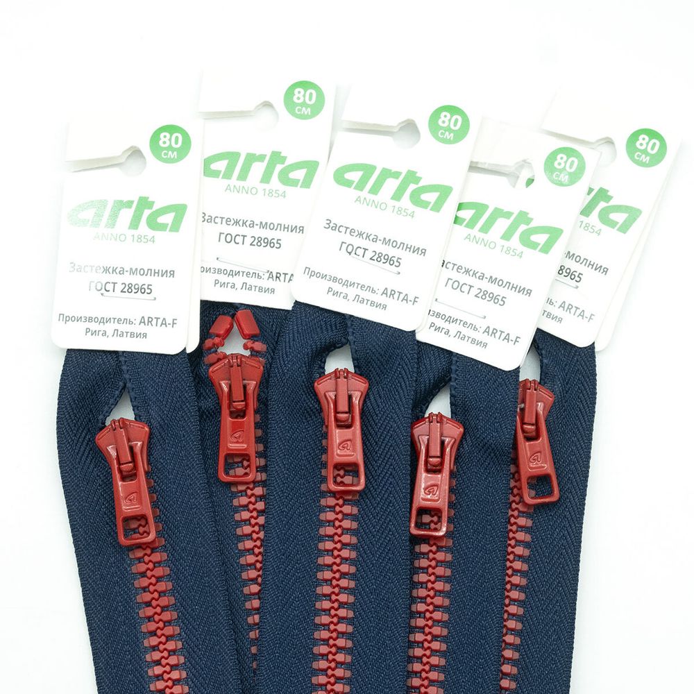 Молния трактор Arta Т6 (6 мм) 1 зам., разъем., 80 см, BiColor, цв. 044 т.синий / 008 красный, уп.5 шт