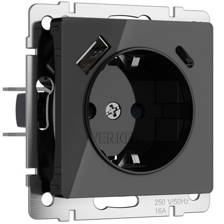 Розетка с заземлением, шторками и USB тип A+C (черный акрил)