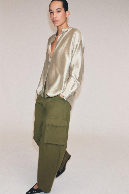 ZARA РУБАШКА С ВОРОТНИКОМ-СТОЙКОЙ ZW COLLECTION, ПЕСОЧНЫЙ