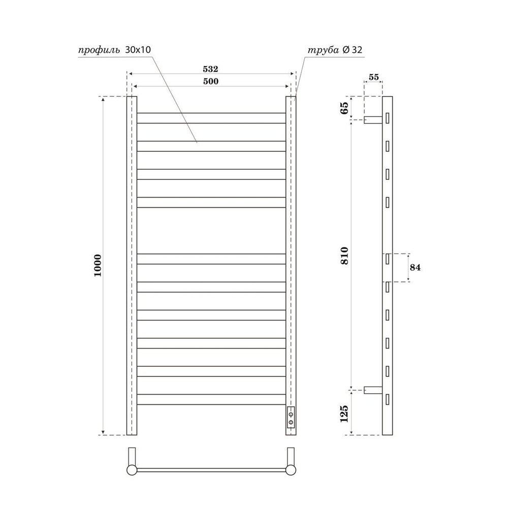 Полотенцесушитель электрический Point Селена PN16850B П10 500x1000, диммер справа, черный схема