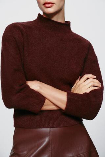 ZARA ТРИКОТАЖНЫЙ СВИТЕР С ВОРОТНИКОМ-СТОЙКОЙ, БУРГУНДИ