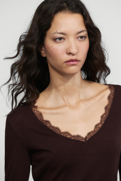 Massimo Dutti Футболка с длинными рукавами в бельевом стиле, коричневый