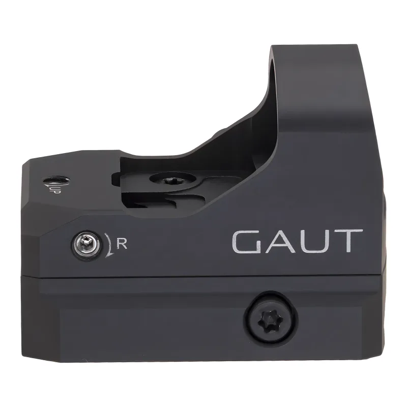 Коллиматор Gaut Tourmaline 1x24x17, открытый, точка 3 МOA красная, Weaver - вид сбоку, винт поправки и логотип