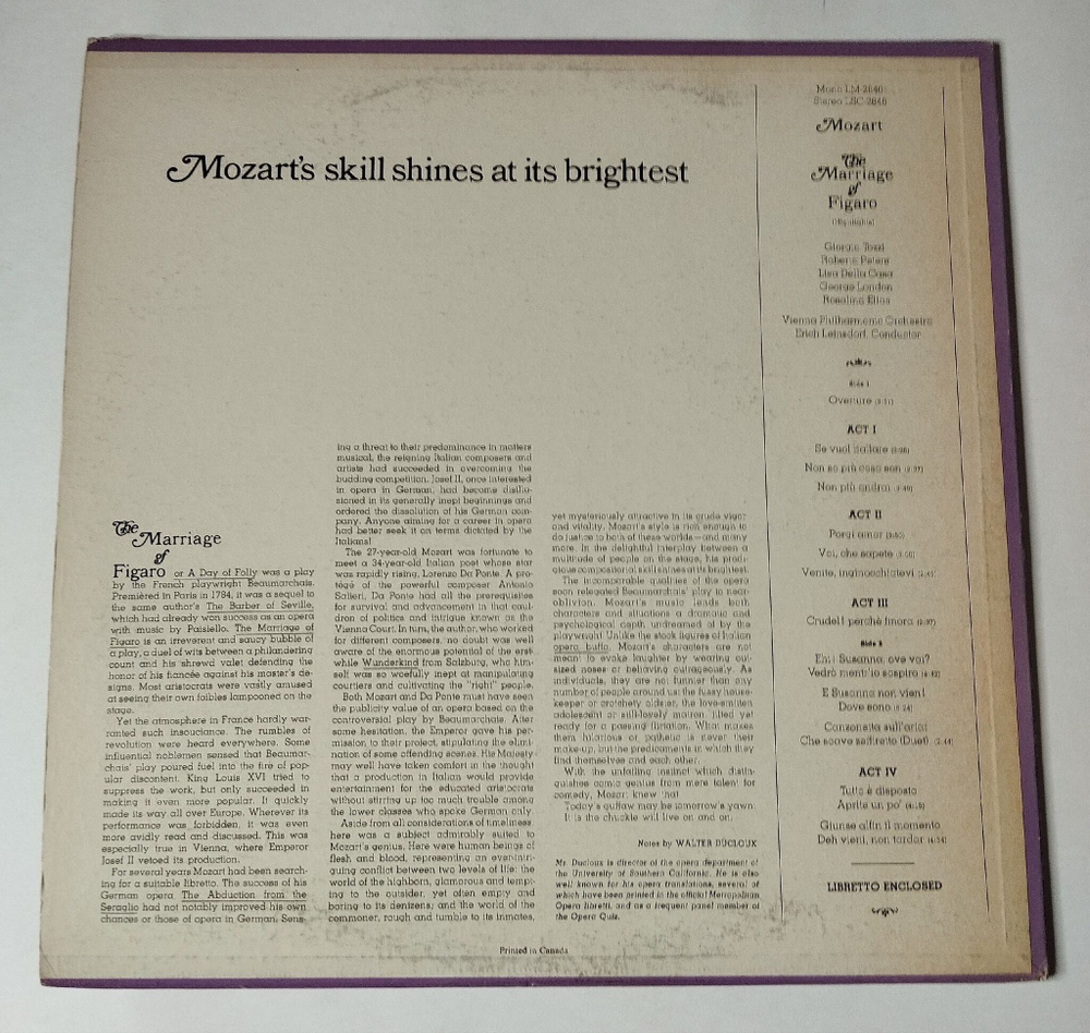 Винтажная виниловая пластинка LP Mozart Моцарт The Marriage Of Figaro Женитьба Фигаро (Highlights) (Фрагменты) (USA 1965)