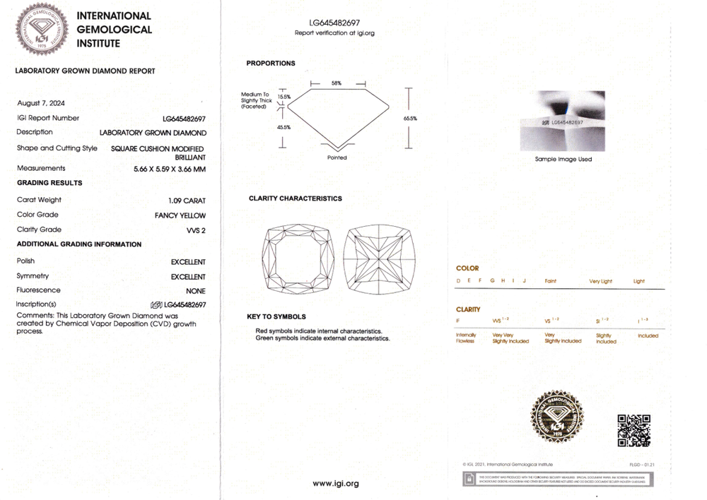 Лабораторно-выращенный бриллиант кушон 5.66 х 5.59 х 3.66 мм Fancy YELLOW/VVS2 1.09 ct