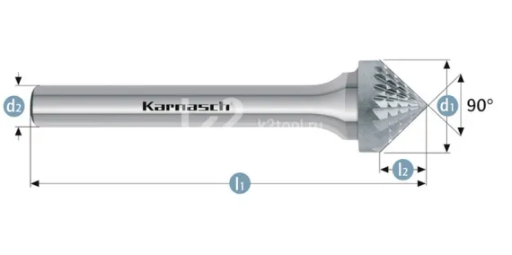 Борфреза твердосплавная Karnasch форма K (зенкер 90°), 3х3х3х38 мм, универсальная насечка HP-3, без покрытия, арт. 11.3111-005