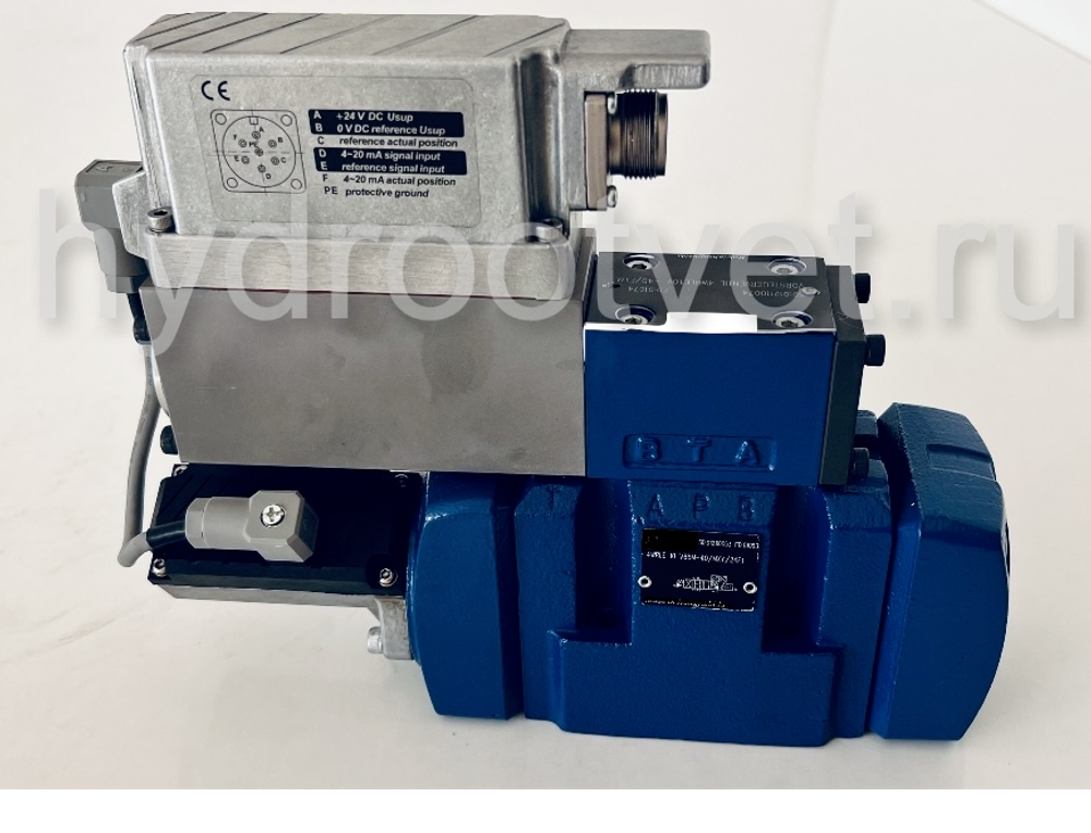 4WRLE10E1-100LJ-4X/MXY/24A1 - Пропорциональный сервораспределитель с обратной связью по положению золотника и со встроенным усилителем (OBE), Ду10, A1 = ±10 В, номинальный расход 100 л/мин, схема E1-, каналы управления PT = X и Y - внутренние