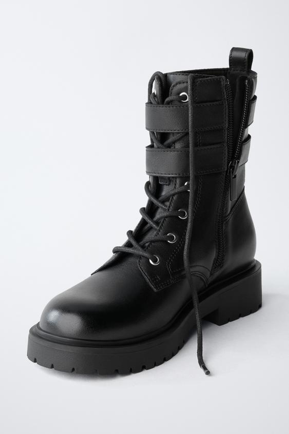 ZARA КОЖАНЫЕ САПОГИ С ДВОЙНОЙ ПРЯЖКОЙ, ЧЕРНЫЙ