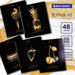 Тетрадь А5, 48 л., BRAUBERG, скоба, клетка, матовая ламинация, фольга, "Black&Gold", 404370, 5шт
