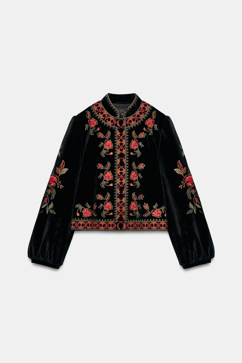 ZARA БАРХАТНАЯ КУРТКА С ВЫШИВКОЙ, ЧЕРНЫЙ
