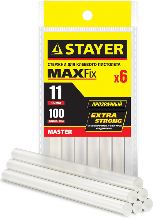 STAYER Cristal, 1 х 100 мм, 6 шт, прозрачные, универсальные клеевые стержни Professional (0682-H6)