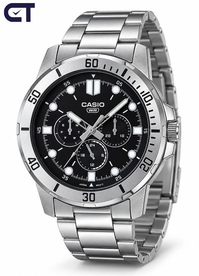 CASIO MTP-VD300D-1E CASIO Collection мужские наручные часы — чёрный циферблат, три индикатора и выразительный стальной дизайн