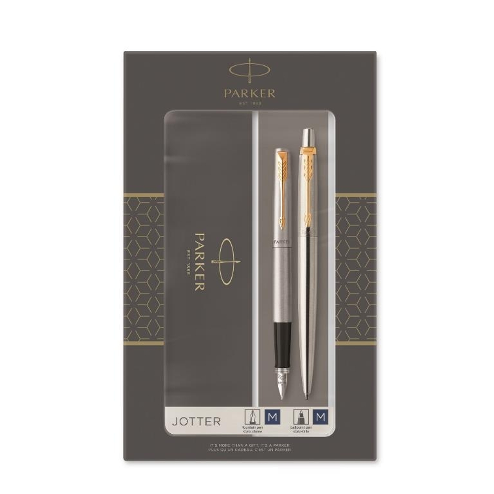 Подарочный набор из 2-х ручек Parker Jotter Stainless Steel GT перьевая и шариковая ручки в подарочной упаковке