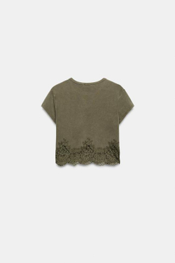 ZARA УКОРОЧЕННАЯ ФУТБОЛКА С КРУЖЕВОМ, ХАКИ