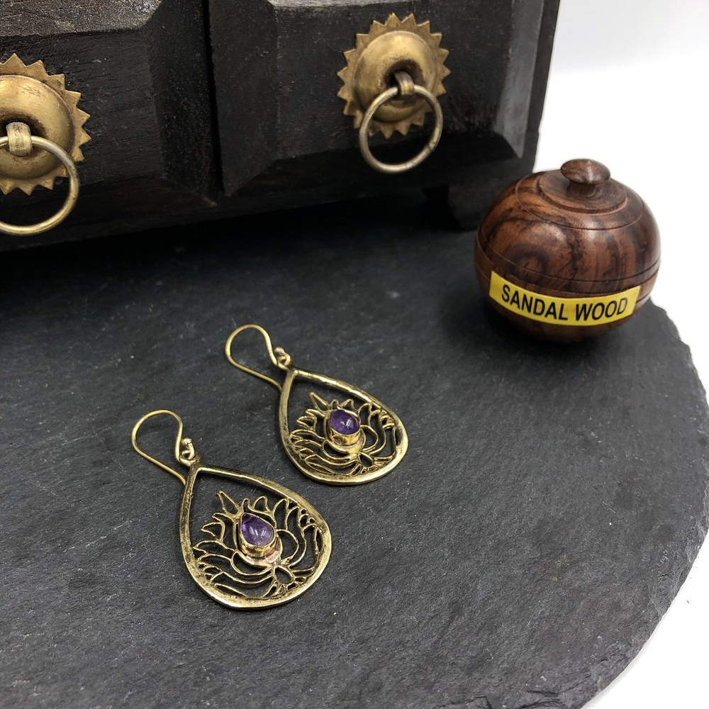 Серьги Lotus Drop аметист из латуни