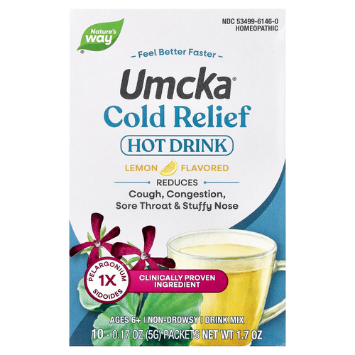 Nature's Way, Umcka®, смесь для приготовления горячего напитка от простуды, для детей от 6 лет, со вкусом лимона, 10 пакетиков по 5 г (0,17 унции)
