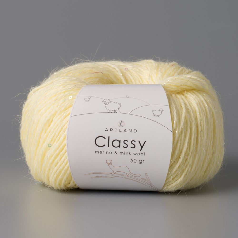 Classy, пряжа с люрексом и пайетками, шелк-5%, мериносовая шерсть-20%, нейлон-30%, норка-45%, 50 гр, 240 м, светло-жёлтый
