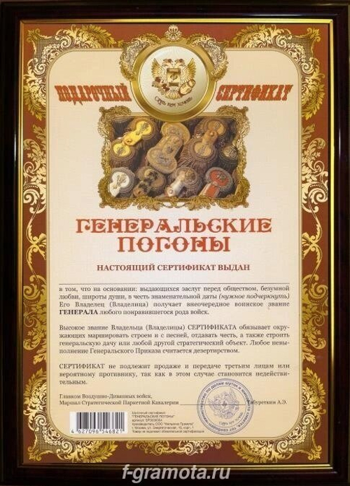 Почётная рамка сертификат на генеральские погоны