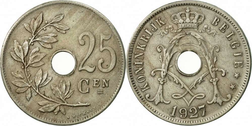 Бельгия 25 сантимов, 1927 ROYAUME DE BELGIQUE XF