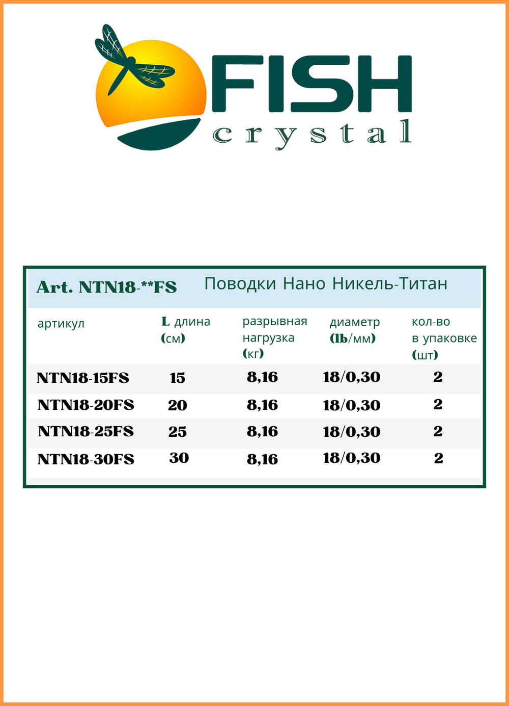 Поводок рыболовный Fish Crystal Нано Никель-Титан 18lb 25см ( 5 упаковок )