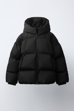 ZARA СТЕГАНАЯ КУРТКА С КАПЮШОНОМ WATER REPELLENT, ЧЕРНЫЙ