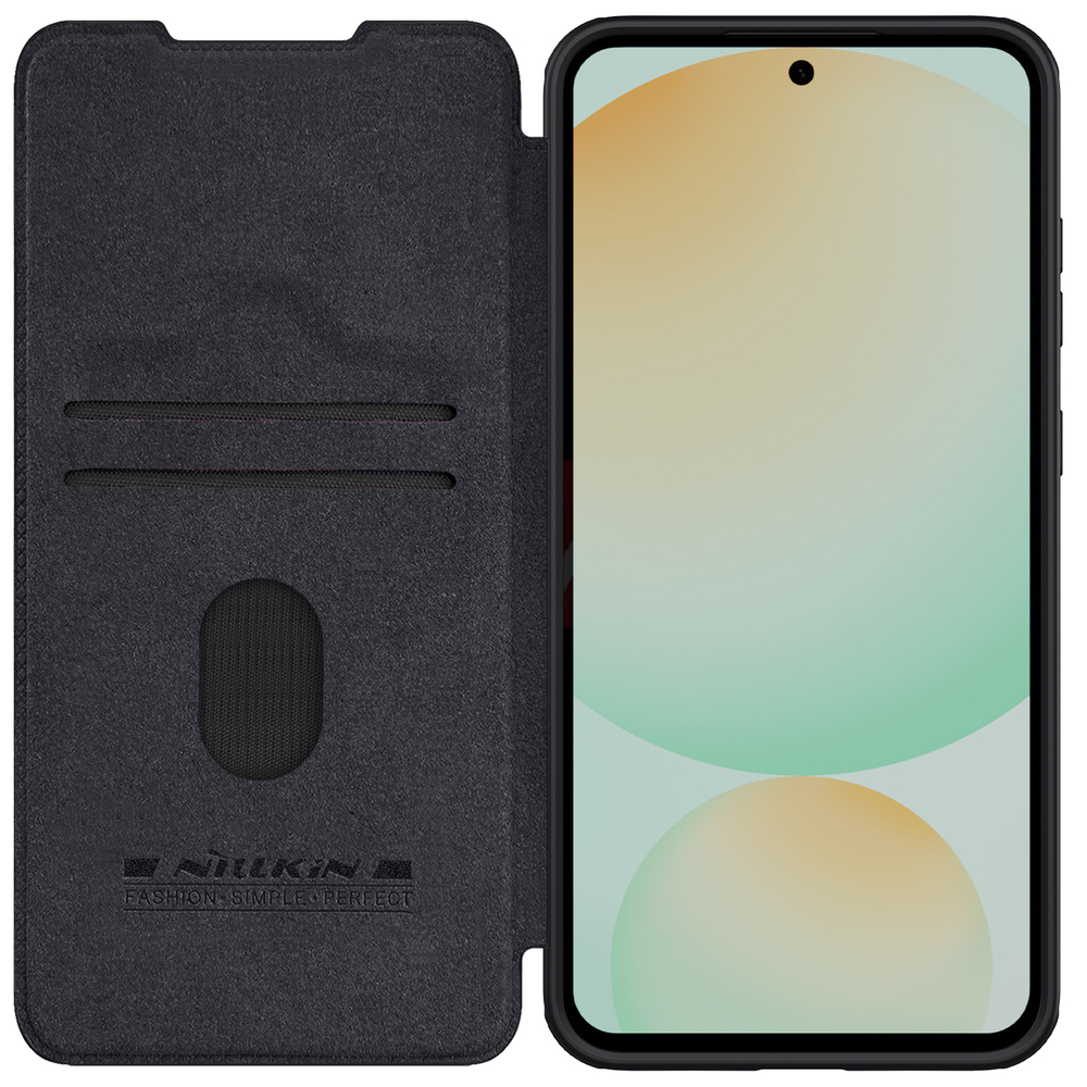Кожаный чехол книжка черного цвета от Nillkin для Samsung Galaxy S24 FE, серия Qin Pro Leather с защитной шторкой для камеры